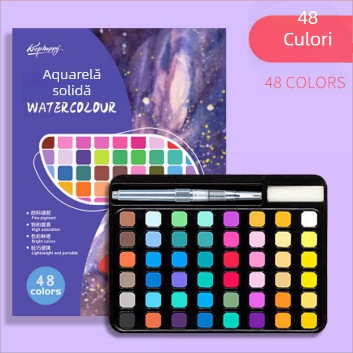 Set de acuarele 36 de culori într-o cutie metalică, destinat elevilor, cu stilou cu cerneală, portabil, include geantă de catifea și geantă PE mată