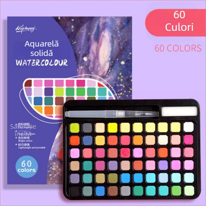 Set de acuarele 36 de culori într-o cutie metalică, destinat elevilor, cu stilou cu cerneală, portabil, include geantă de catifea și geantă PE mată