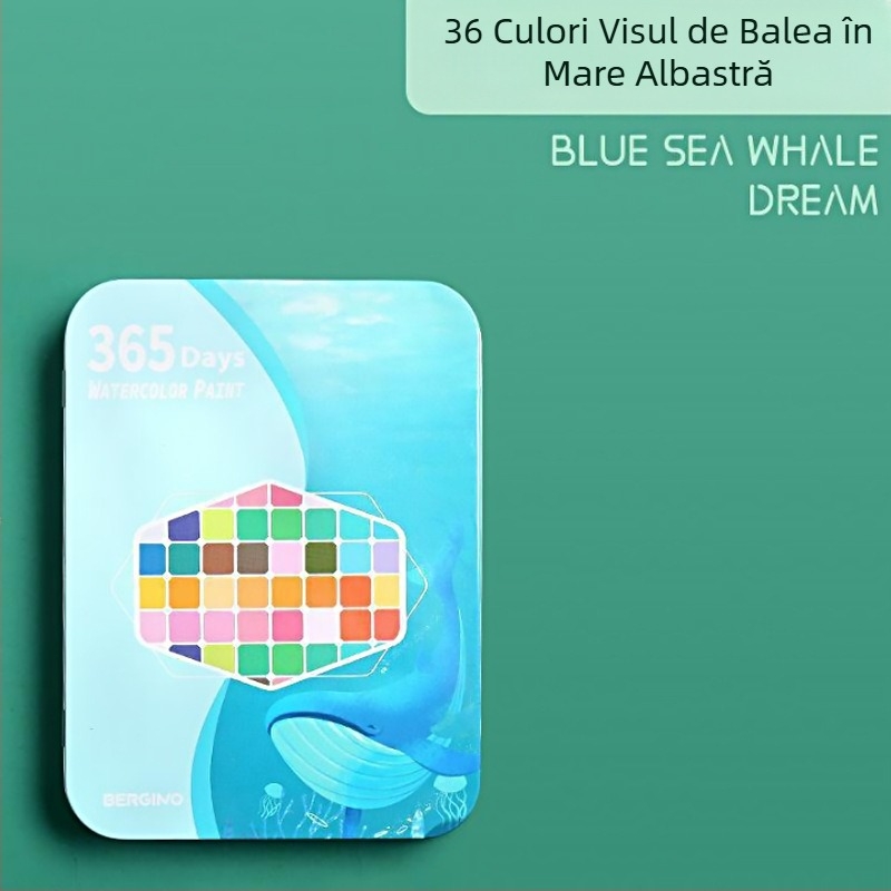 Set de acuarele 36 de culori într-o cutie metalică, destinat elevilor, cu stilou cu cerneală, portabil, include geantă de catifea și geantă PE mată