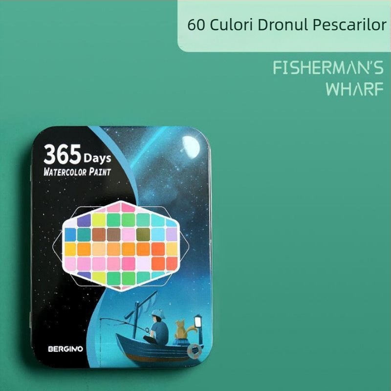 Set de acuarele 36 de culori într-o cutie metalică, destinat elevilor, cu stilou cu cerneală, portabil, include geantă de catifea și geantă PE mată