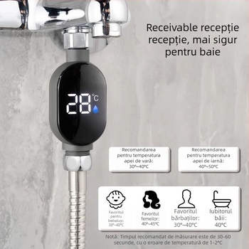 Higrometru de duș cu afișaj LED al temperaturii, rezoluție 1°C, conductă de intrare a apei, opțiuni de personalizare