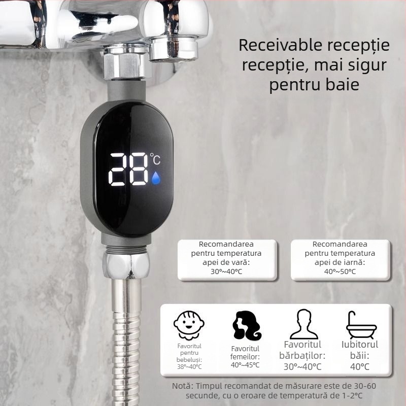 Higrometru de duș cu afișaj LED al temperaturii, rezoluție 1°C, conductă de intrare a apei, opțiuni de personalizare