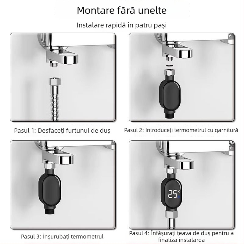 Higrometru de duș cu afișaj LED al temperaturii, rezoluție 1°C, conductă de intrare a apei, opțiuni de personalizare