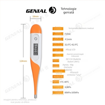 Genial T15SC Termometru medical digital, măsoară subraț/oral/rectal, precizie ±0.1°C, comutare dublă a unităților (°C/°F), fără mercur