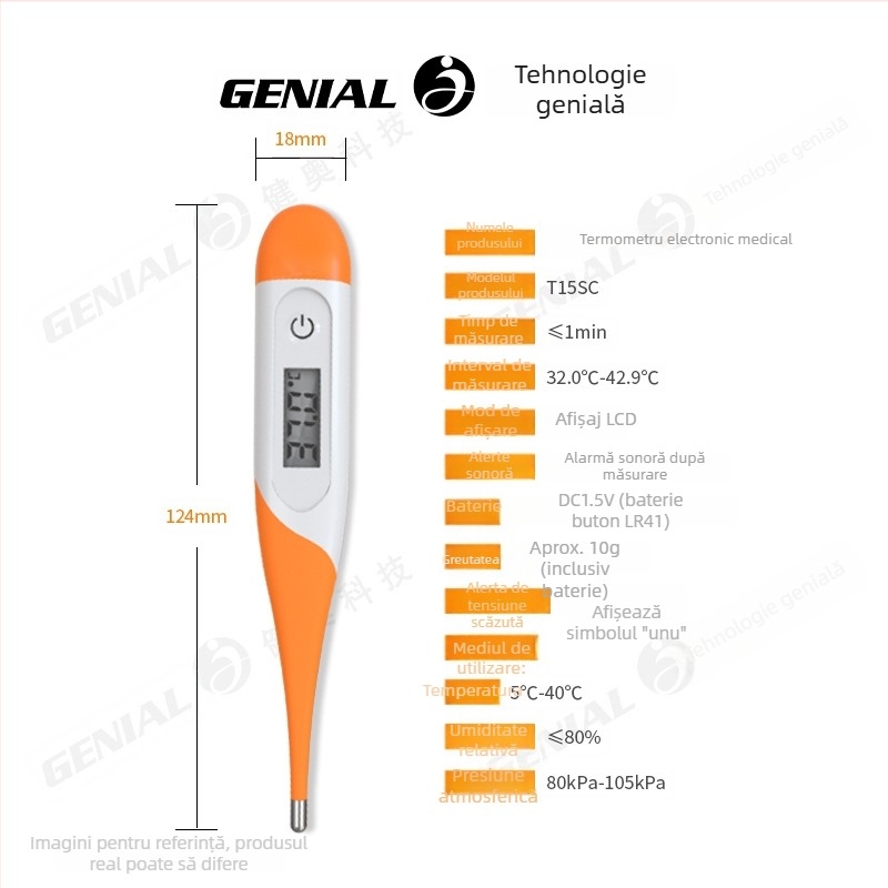 Genial T15SC Termometru medical digital, măsoară subraț/oral/rectal, precizie ±0.1°C, comutare dublă a unităților (°C/°F), fără mercur