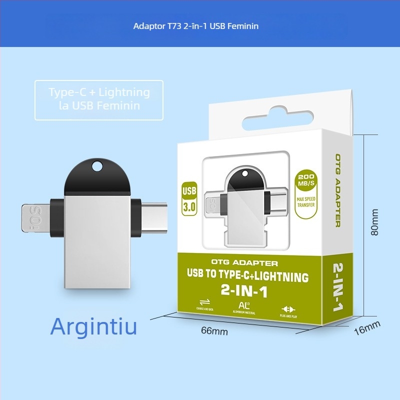 Convertor OTG trei în unu pentru dispozitive Apple Type-C — Model T73-t69, brand Pinyue