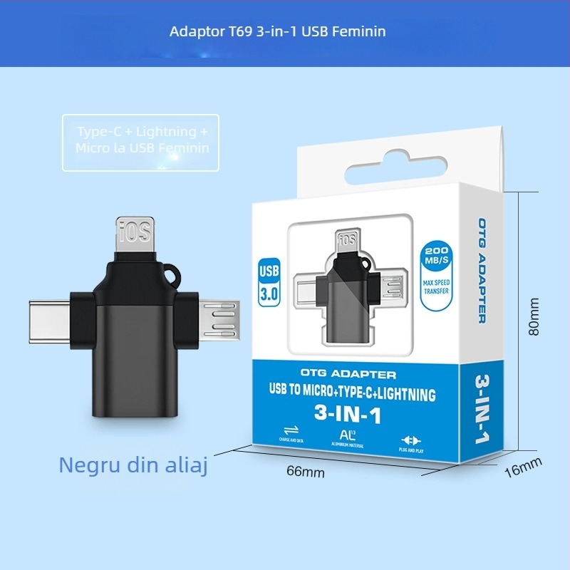 Convertor OTG trei în unu pentru dispozitive Apple Type-C — Model T73-t69, brand Pinyue
