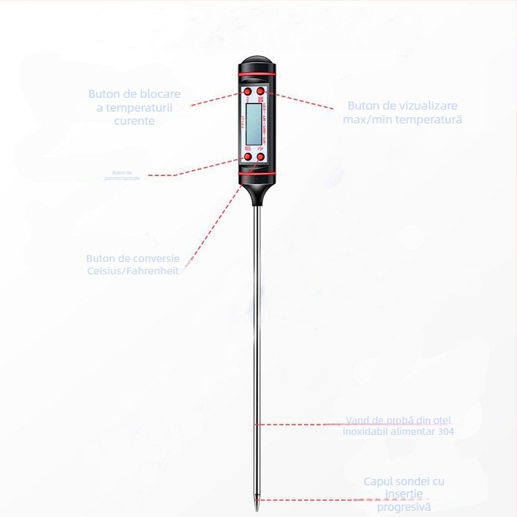 TP101 Termometru electronic cu iluminare de fundal – sondă tip stilou pentru citire rapidă a temperaturilor uleiului, laptelui, apei și alimentelor, controlul temperaturii