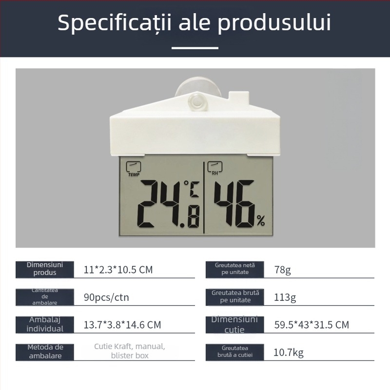 Termometru și higrometru pentru fereastră cu ventuză, auto-adeziv, pentru interior și exterior, rezoluție temperatură 1°C