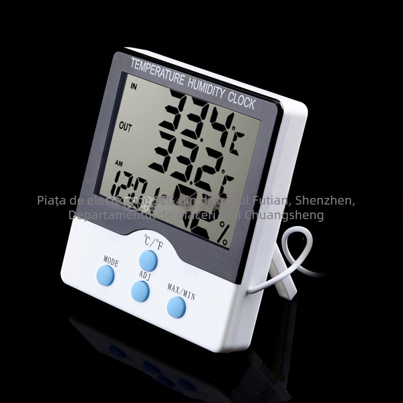 Ceas termometru electronic cu ecran mare, afișaj digital pentru temperatură și umiditate, pentru interior și exterior