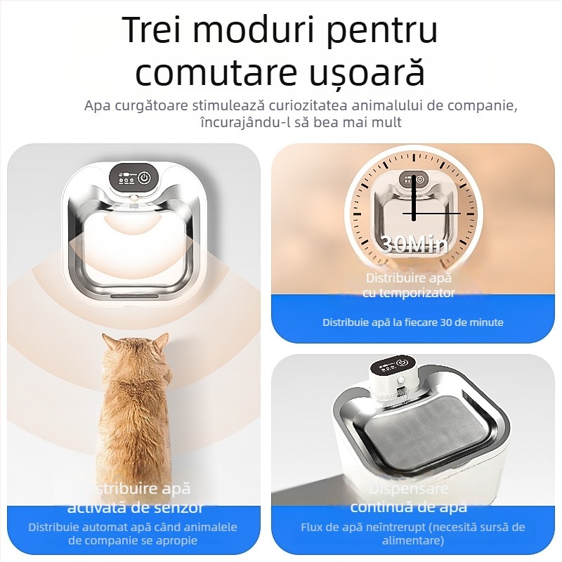 Distribuitor de apă pentru pisici cu apă circulantă, alimentare la priză, senzor fără fir, dispenser automat cu încărcare fără fir