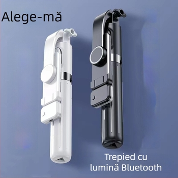 Selfie stick telescopic pentru telefoane mobile, cu telecomandă Bluetooth, stabilizare anti vibrație, iluminare și trepied încorporat