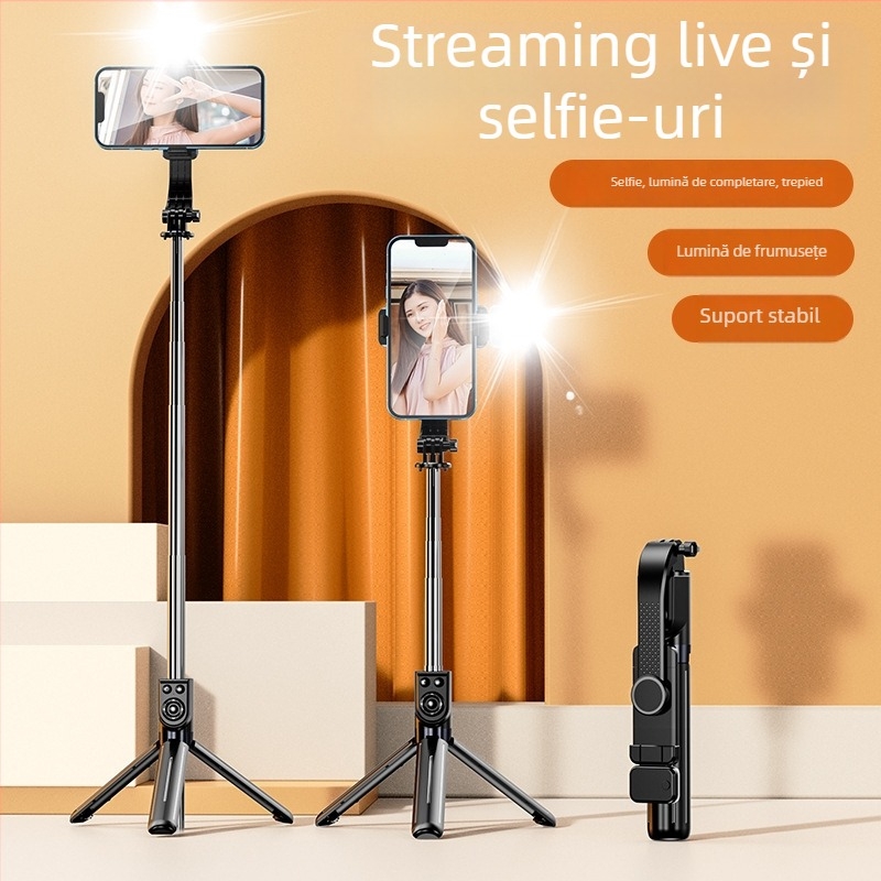 Selfie stick telescopic pentru telefoane mobile, cu telecomandă Bluetooth, stabilizare anti vibrație, iluminare și trepied încorporat