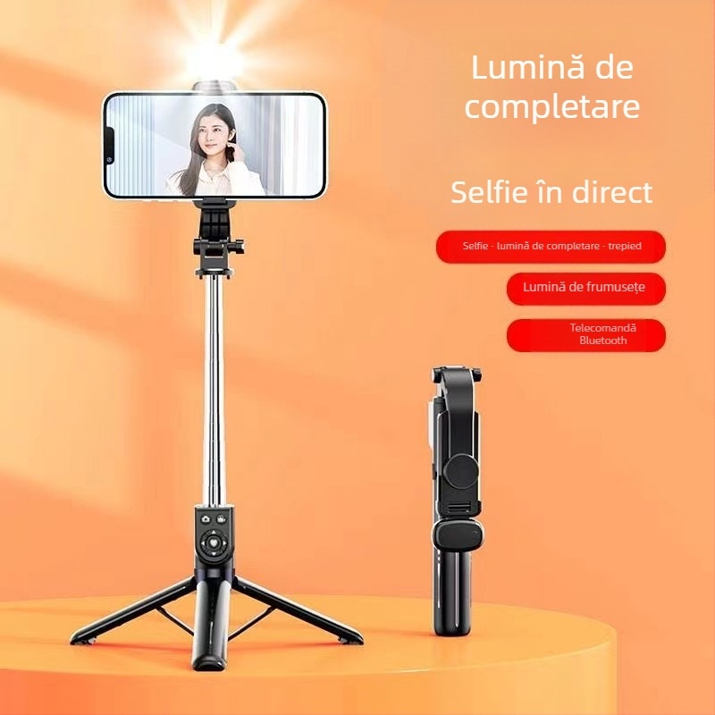 Selfie stick telescopic pentru telefoane mobile, cu telecomandă Bluetooth, stabilizare anti vibrație, iluminare și trepied încorporat