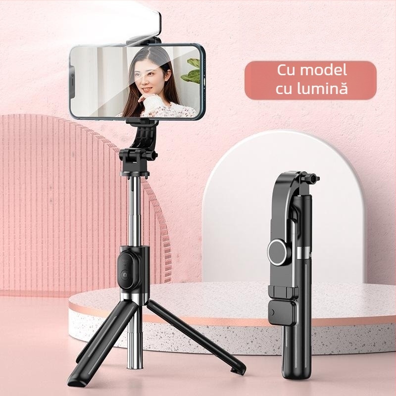 Selfie stick telescopic pentru telefoane mobile, cu telecomandă Bluetooth, stabilizare anti vibrație, iluminare și trepied încorporat