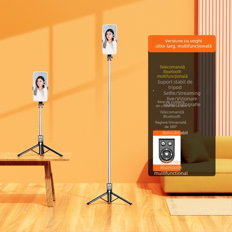 Selfie stick telescopic pentru telefoane mobile, cu telecomandă Bluetooth, stabilizare anti vibrație, iluminare și trepied încorporat