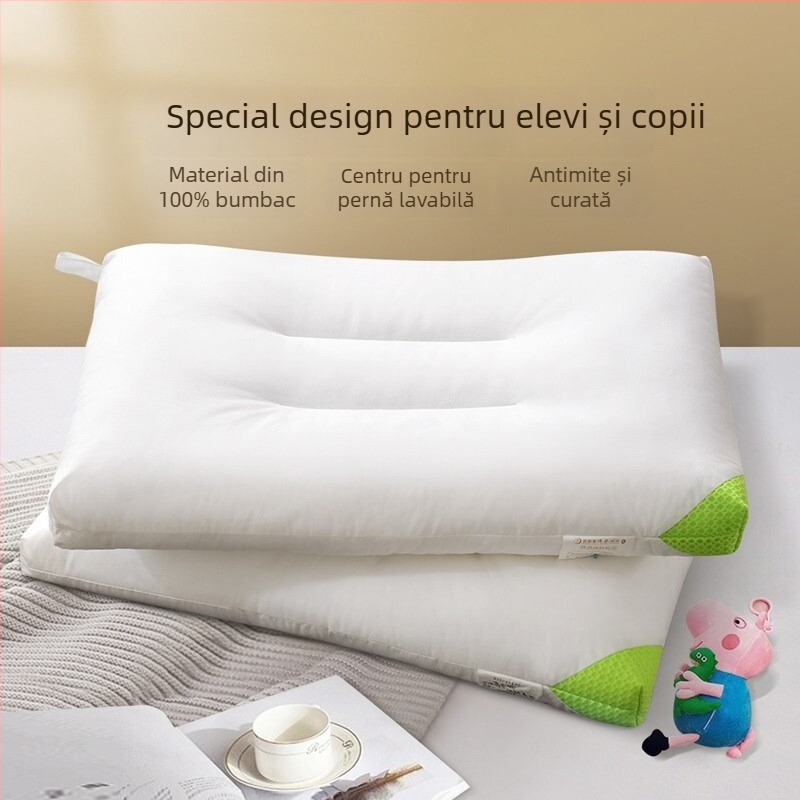 Pernă pentru copii, formă dreptunghiulară, înălțime 1–5 cm, greutate 0.55–1.0 kg, umplutură fibră poliester (100%), țesătură 100% bumbac