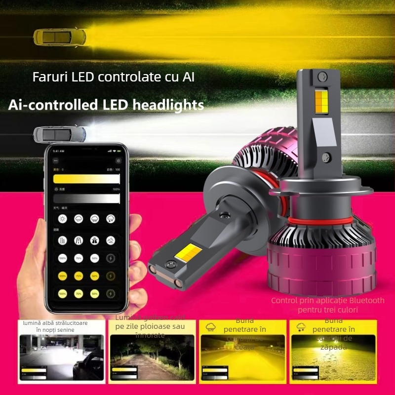 Far LED auto cu tuburi din cupru duale, putere mare, control APP, fascicul înalt/jos integrat, aliaj de aluminiu, 120W 12V 13000LM IP68