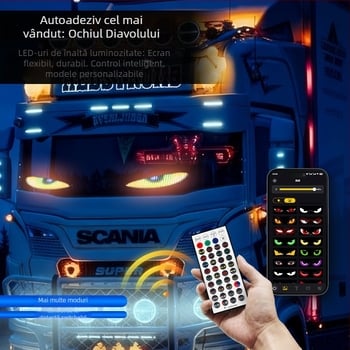 Ecran LED dinamic flexibil, Eye-ul Diavolului, pentru geamuri auto — ecran moale ultra-subțire. Model Evil Eye; Putere 5W; Tensiune 12–24V; Material: ecran LED moale; Instalare: adeziv.