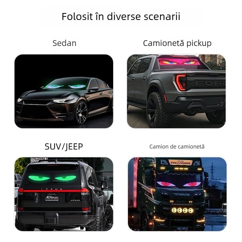 Ecran LED dinamic flexibil, Eye-ul Diavolului, pentru geamuri auto — ecran moale ultra-subțire. Model Evil Eye; Putere 5W; Tensiune 12–24V; Material: ecran LED moale; Instalare: adeziv.