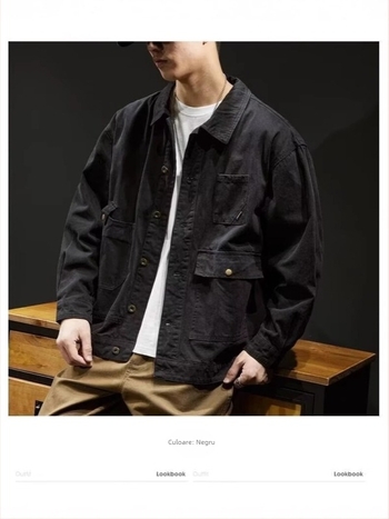 Jachetă de lucru din denim/pânză de bumbac pentru bărbați, croială lejeră, guler rever, închidere frontală cu un nasture, buzunare laterale, primăvară-toamnă