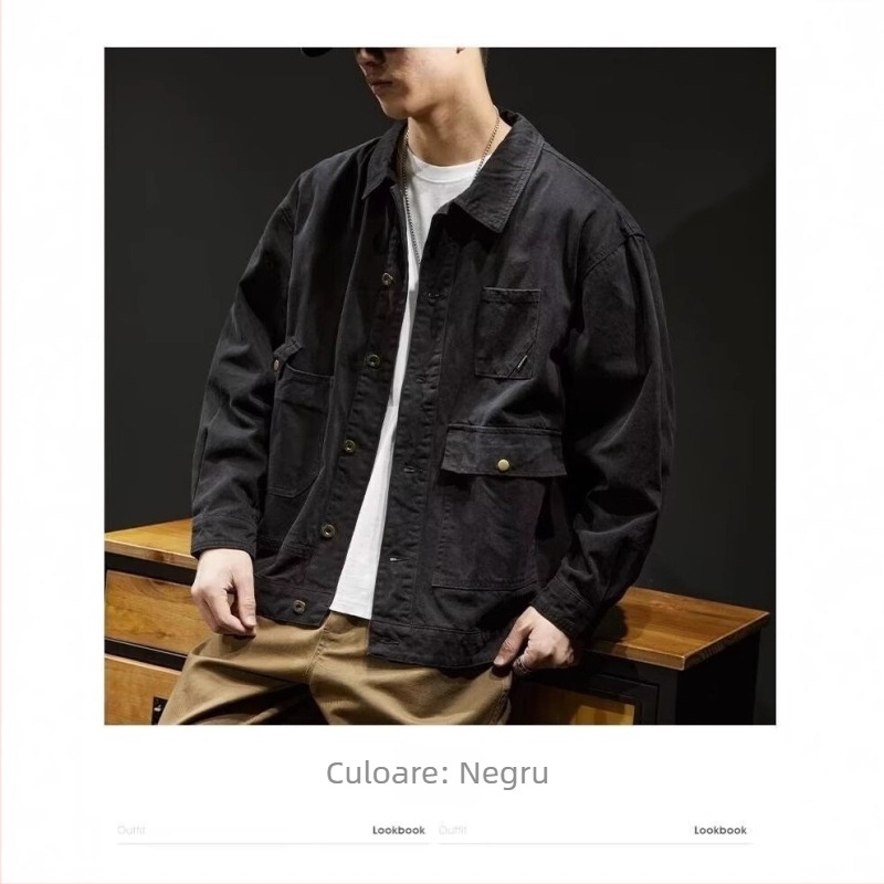 Jachetă de lucru din denim/pânză de bumbac pentru bărbați, croială lejeră, guler rever, închidere frontală cu un nasture, buzunare laterale, primăvară-toamnă