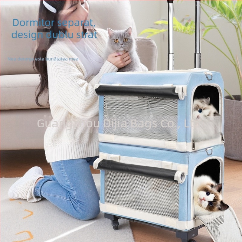 Carrier pentru animale cu două etaje, cărucior cu roți detașabile, aerisit, portabil pentru pisici și câini, cu capacitate mare