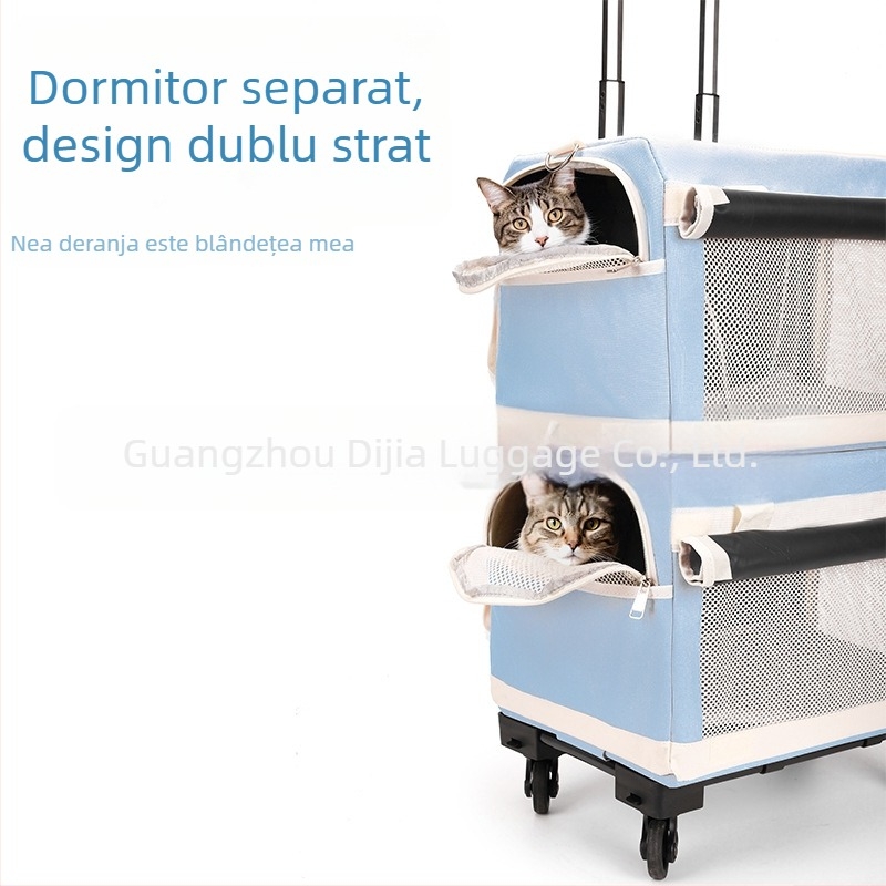 Carrier pentru animale cu două etaje, cărucior cu roți detașabile, aerisit, portabil pentru pisici și câini, cu capacitate mare
