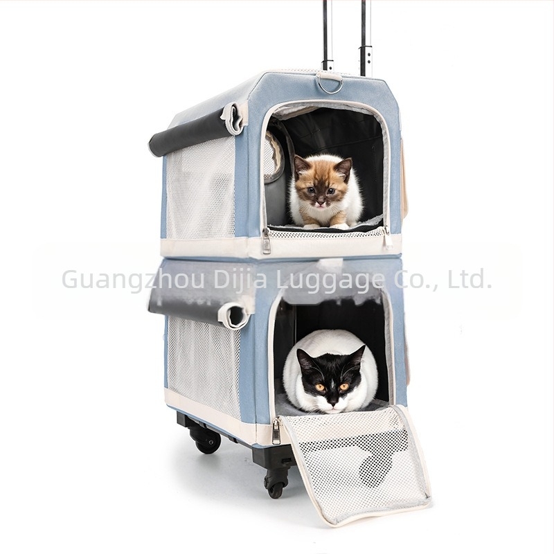 Carrier pentru animale cu două etaje, cărucior cu roți detașabile, aerisit, portabil pentru pisici și câini, cu capacitate mare