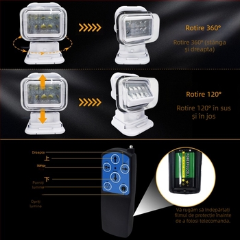 Lampă LED pentru mașină cu telecomandă, 100W, 12/24V, model JL-2009B, sursă LED, durată de viață >30.000 ore