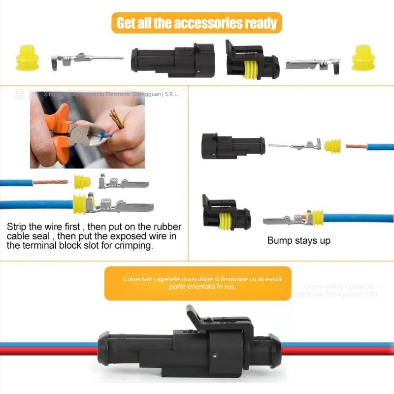Conector auto HID Xenon pentru faruri, set impermeabil, 240 bucăți, 2 conductori, 2 pini