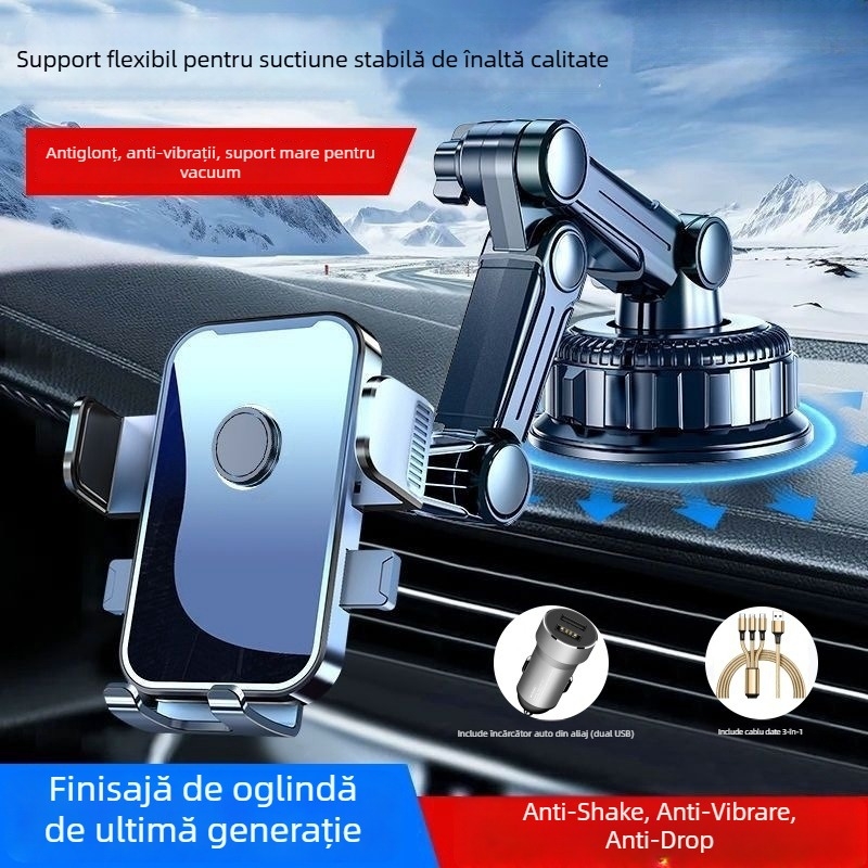 Suport pentru telefon auto cu încărcare de 5W, antișoc, montaj adeziv, compatibil cu vizorul solar, bordul și parbrizul frontal