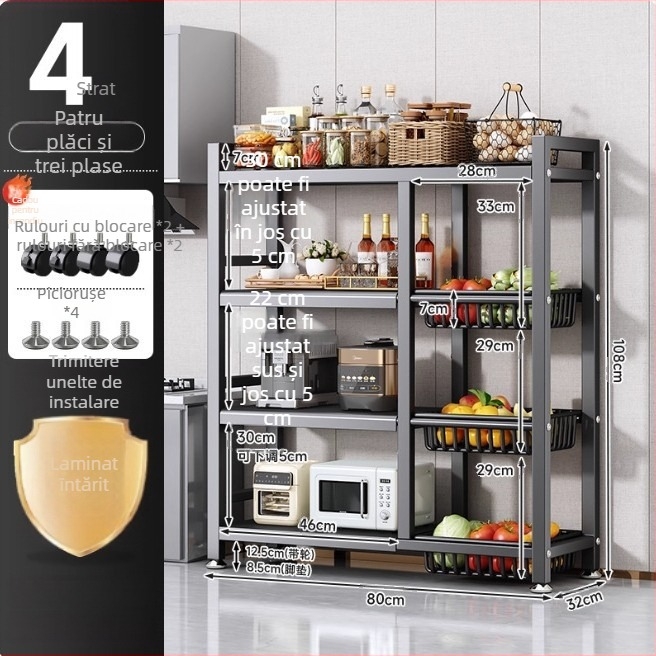 Raft de depozitare pentru bucătărie, podea, multistrat, mobil, pentru cuptor și cuptor cu microunde, oțel carbon DF-3488T, stil minimalist