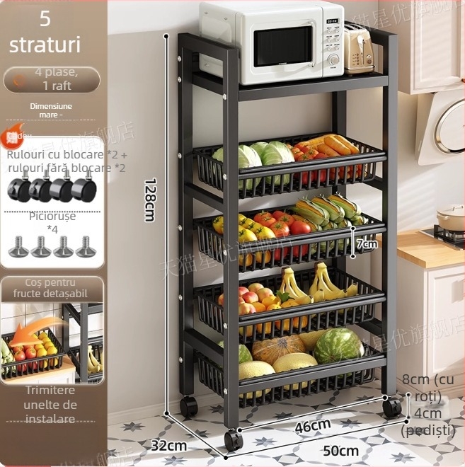 Raft de depozitare pentru bucătărie, podea, multistrat, mobil, pentru cuptor și cuptor cu microunde, oțel carbon DF-3488T, stil minimalist