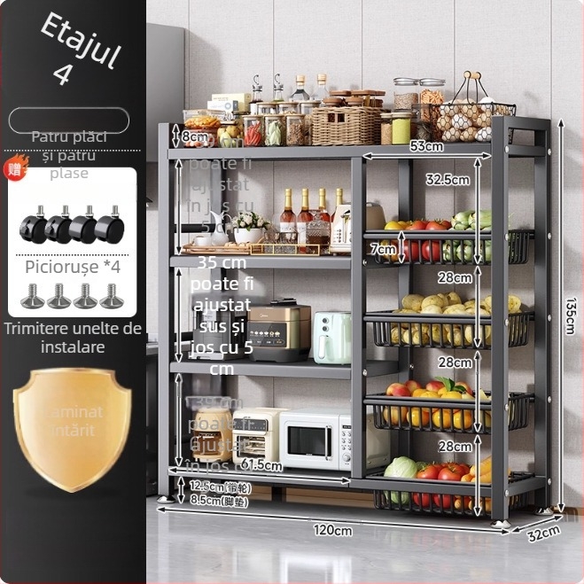 Raft de depozitare pentru bucătărie, podea, multistrat, mobil, pentru cuptor și cuptor cu microunde, oțel carbon DF-3488T, stil minimalist