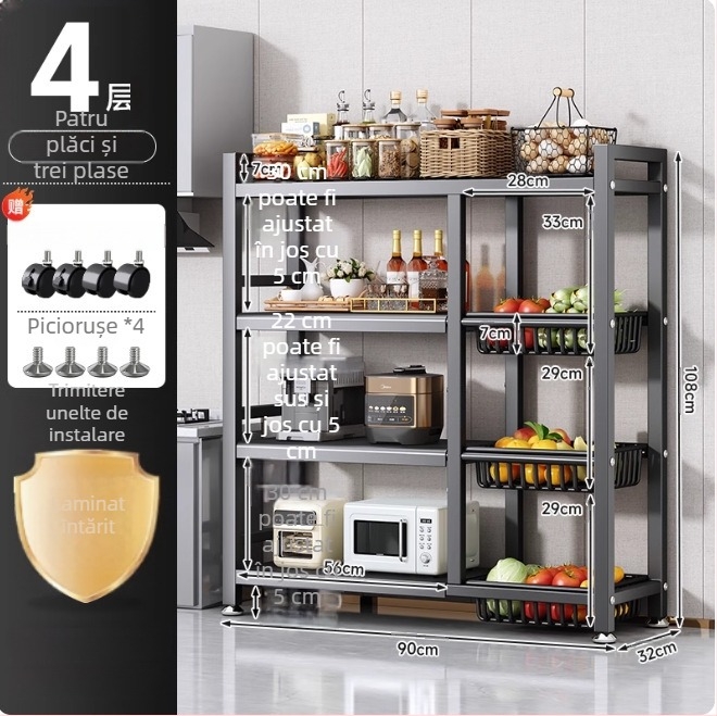 Raft de depozitare pentru bucătărie, podea, multistrat, mobil, pentru cuptor și cuptor cu microunde, oțel carbon DF-3488T, stil minimalist