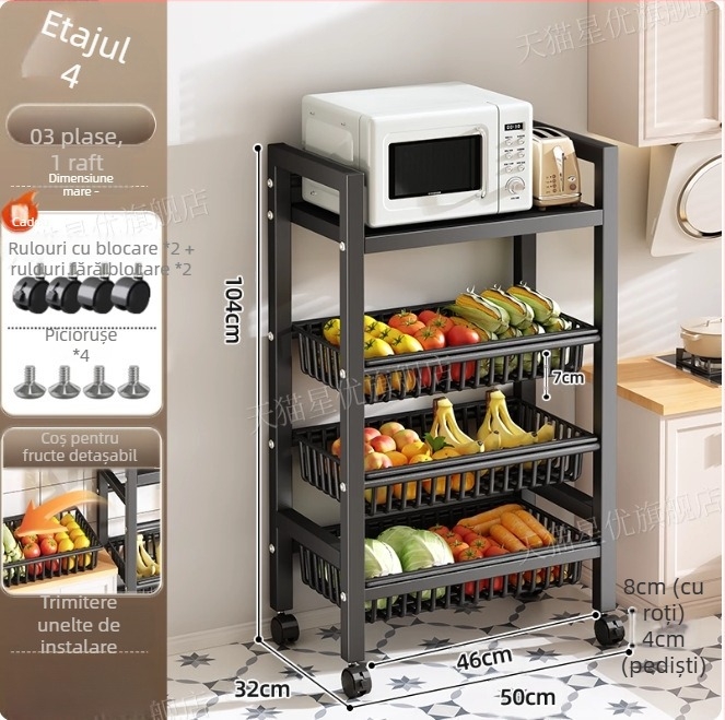 Raft de depozitare pentru bucătărie, podea, multistrat, mobil, pentru cuptor și cuptor cu microunde, oțel carbon DF-3488T, stil minimalist