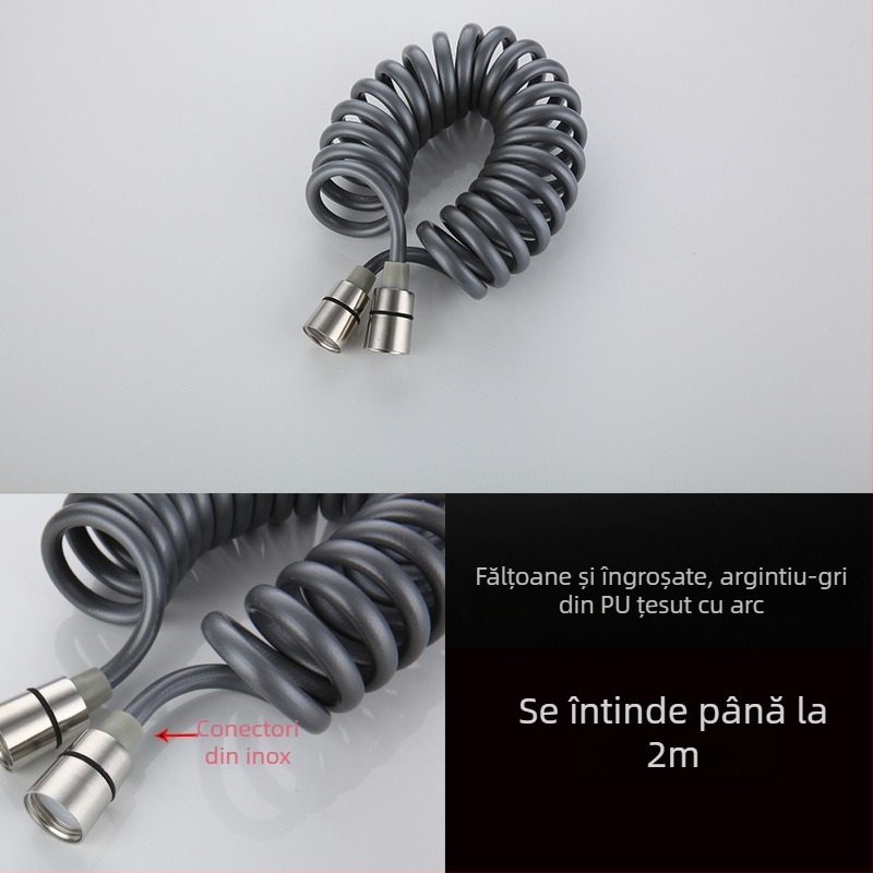 Furtun de duș din oțel inoxidabil cu țeavă cu arc PU, montat pe perete, model YQ170009J; presiune nominală 0.5-0.75 MPa; temperatură de lucru 0-50°C; cuplaj: oțel inoxidabil