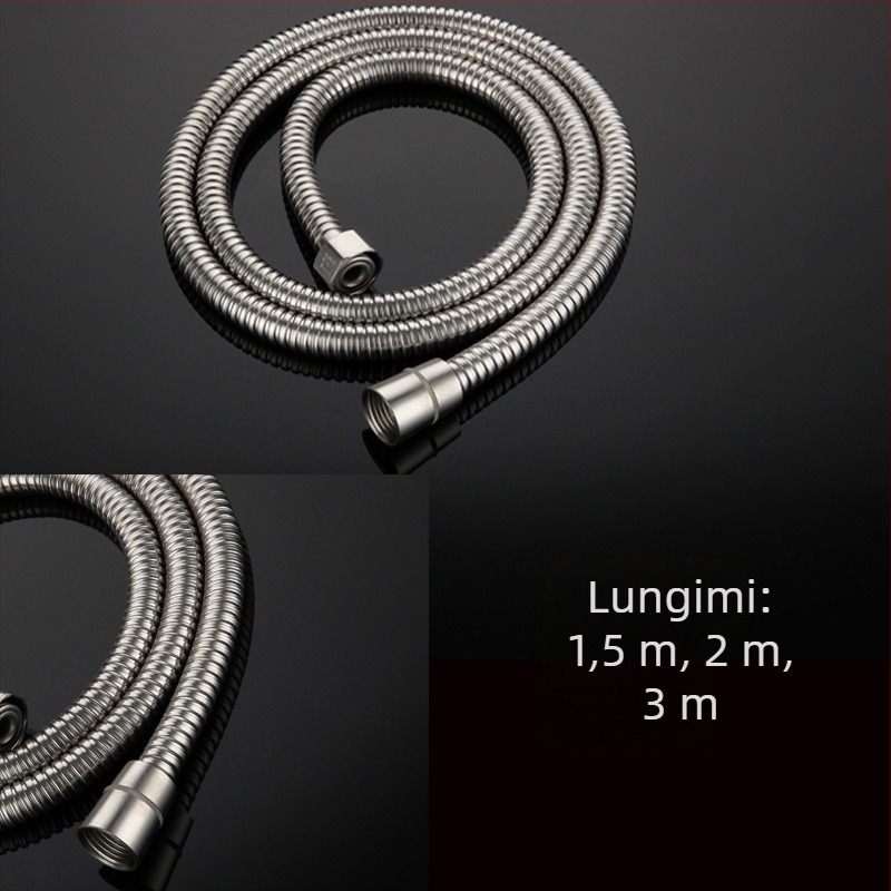 Furtun de duș din oțel inoxidabil cu țeavă cu arc PU, montat pe perete, model YQ170009J; presiune nominală 0.5-0.75 MPa; temperatură de lucru 0-50°C; cuplaj: oțel inoxidabil