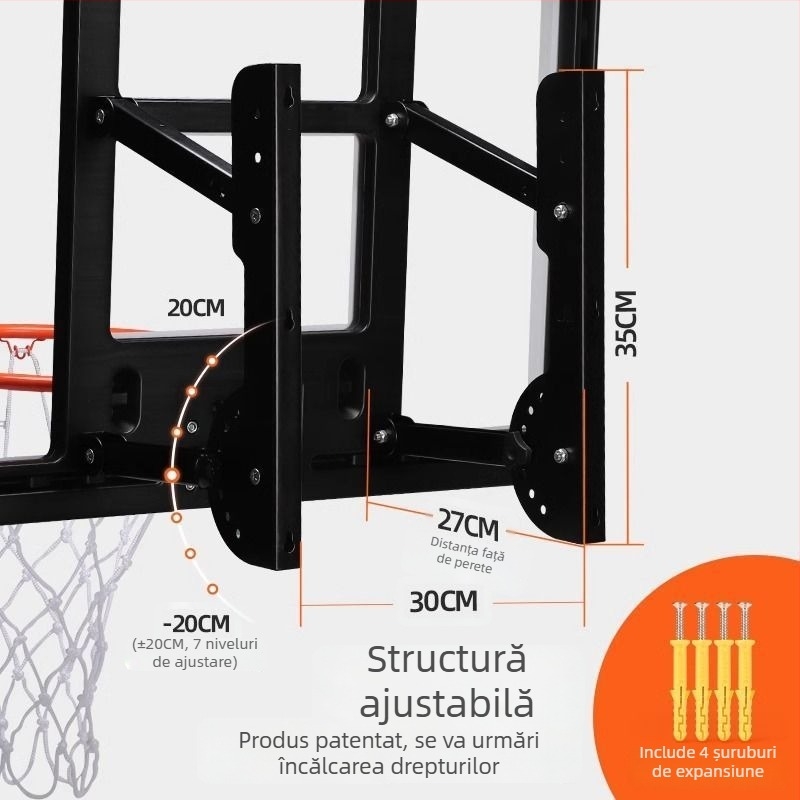 Placă de baschet montată pe perete pentru antrenament acasă, reglabilă pe înălime, pentru interior și exterior
