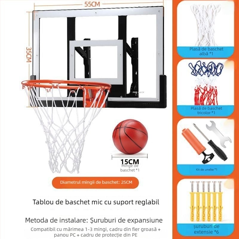 Placă de baschet montată pe perete pentru antrenament acasă, reglabilă pe înălime, pentru interior și exterior