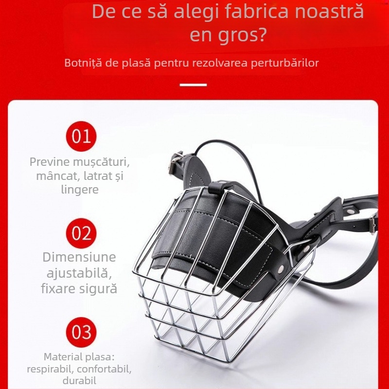 Botniță metalică pentru câini, anti-mușcare și anti-lătrare, universală pentru câini de dimensiuni variate; permite să bea apă.