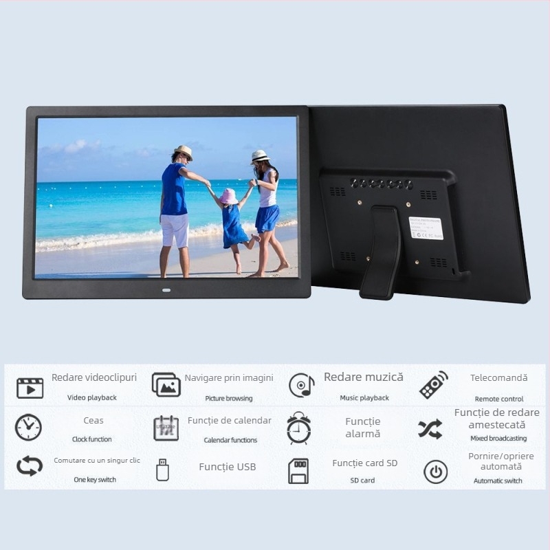 Fotoramă digitală – rezoluție 1280x800, raport de aspect 16:9, suport pentru SD/USB/TF, formate BMP/JPEG/PNG/JPG/GIF, redare muzică și video