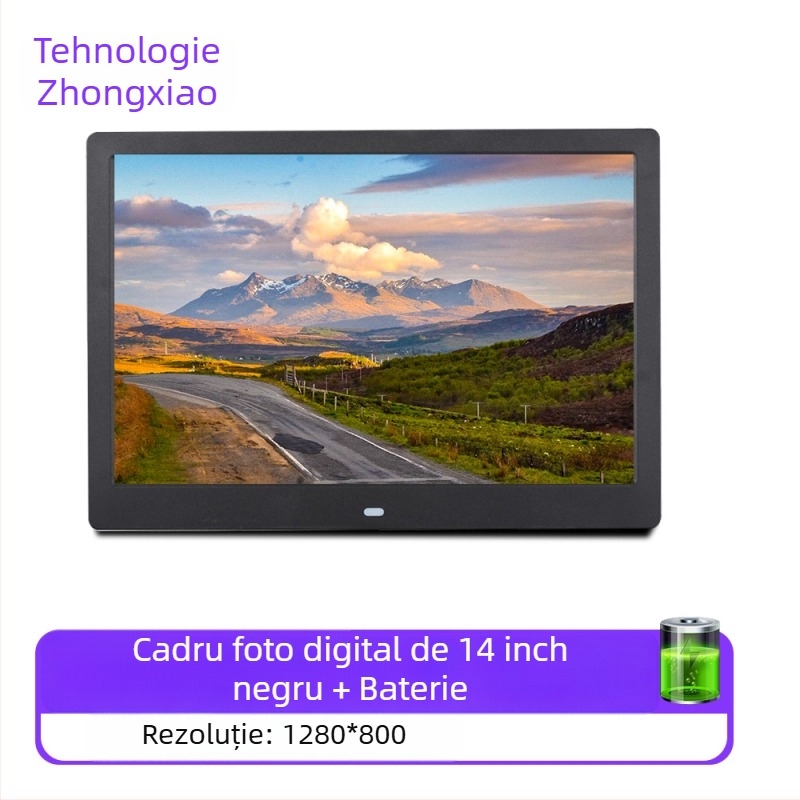 Fotoramă digitală – rezoluție 1280x800, raport de aspect 16:9, suport pentru SD/USB/TF, formate BMP/JPEG/PNG/JPG/GIF, redare muzică și video