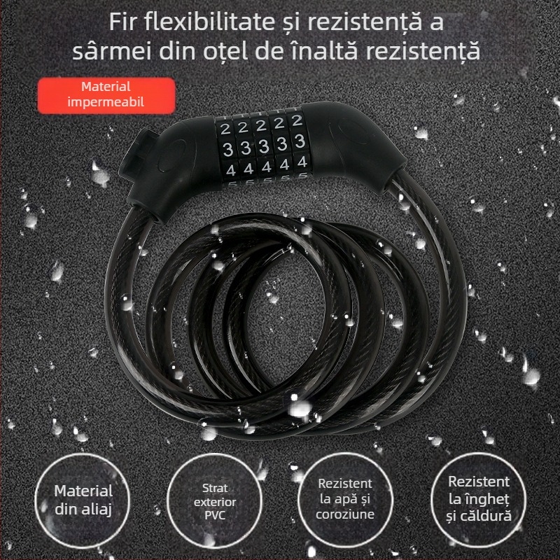 Lacăt pentru bicicletă cu cod de cinci cifre, cablu din oțel și aliaj de zinc – universal pentru biciclete, motociclete și vehicule electrice