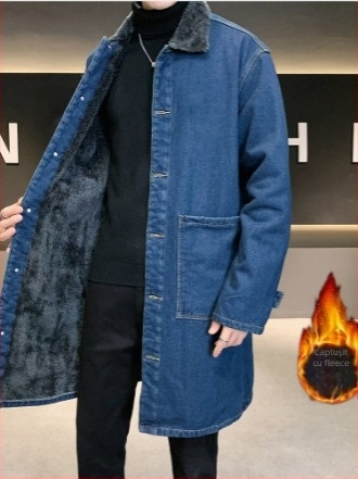 Palton din bumbac 71–85%, căptușeală din catifea, țesătură groasă, închidere cu nasturi simple, croială largă