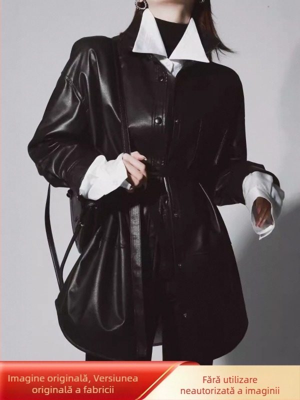 Jachetă din piele de miel pentru femei, decolteu în V, mâneci lungi, stil urban (Primăvara 2024)