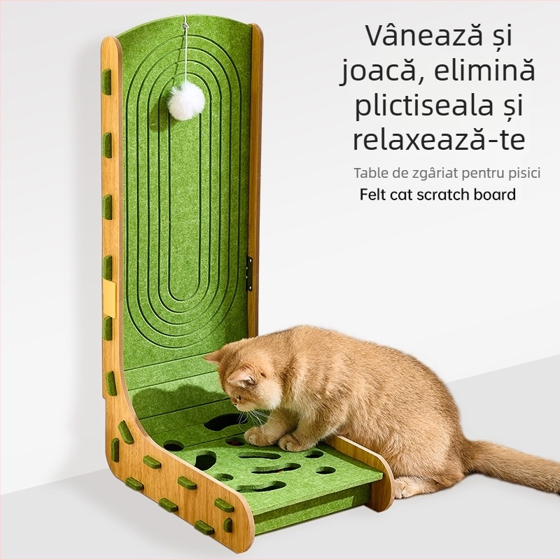 Placă de zgâriere pentru pisici în formă de L, din felt, durabilă, design vertical din pluș, cu cuib integrat și cutie pentru mingi