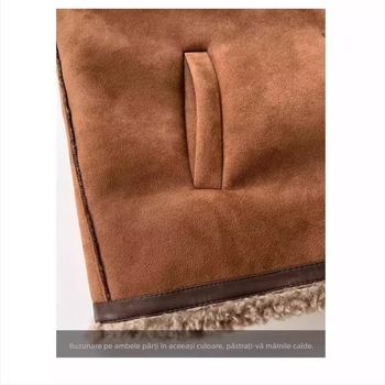 Jachetă din piele artificială cu căptușeală din lână de miel, lungime scurtă de iarnă, guler rever, croială lejeră, mâneci lungi