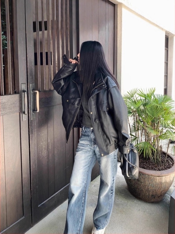 Jachetă din piele PU, guler înalt, închidere cu fermoar, mâneci Raglan, croială lejeră